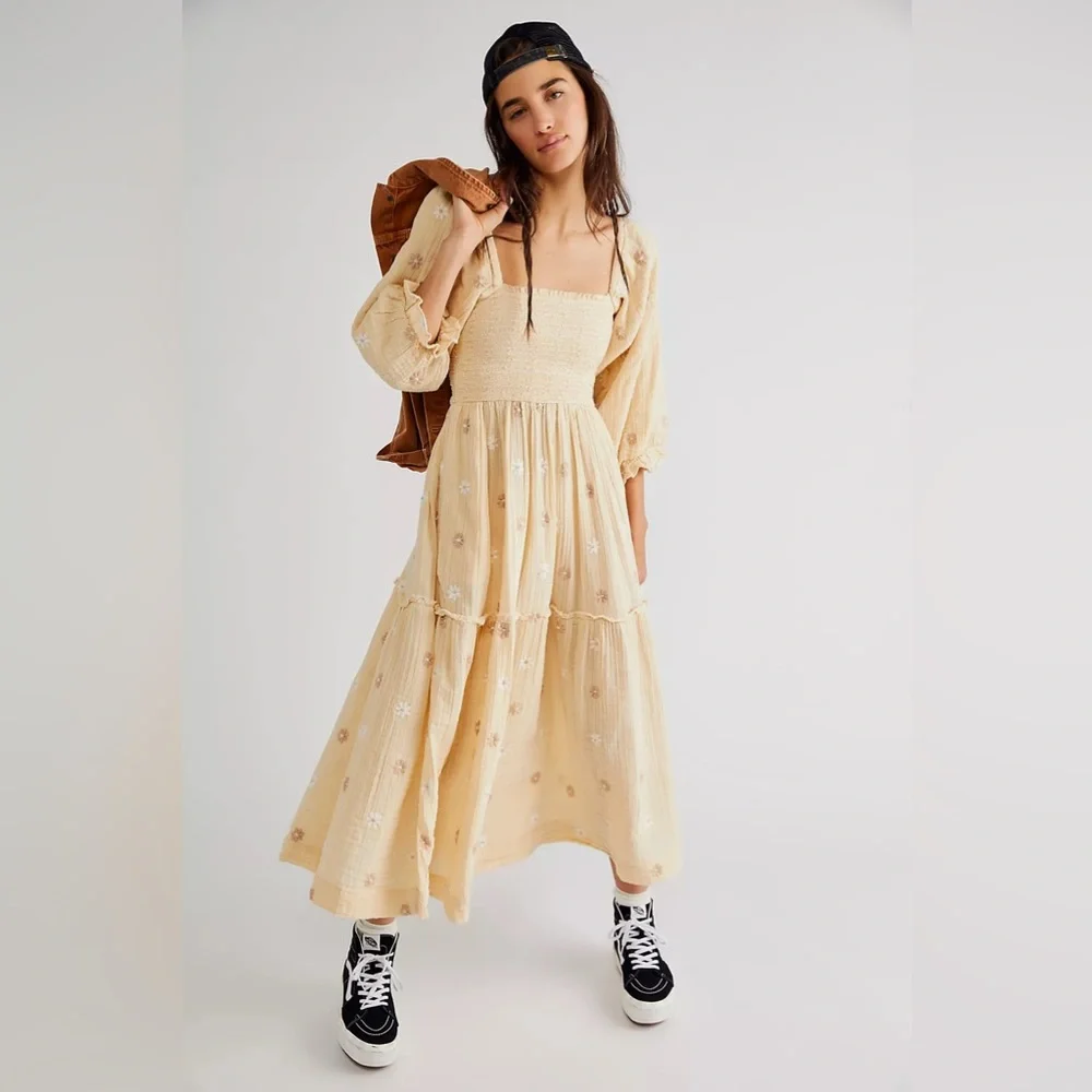 Free People Dahlia Embroidered Maxi Dress in Pearl Island
